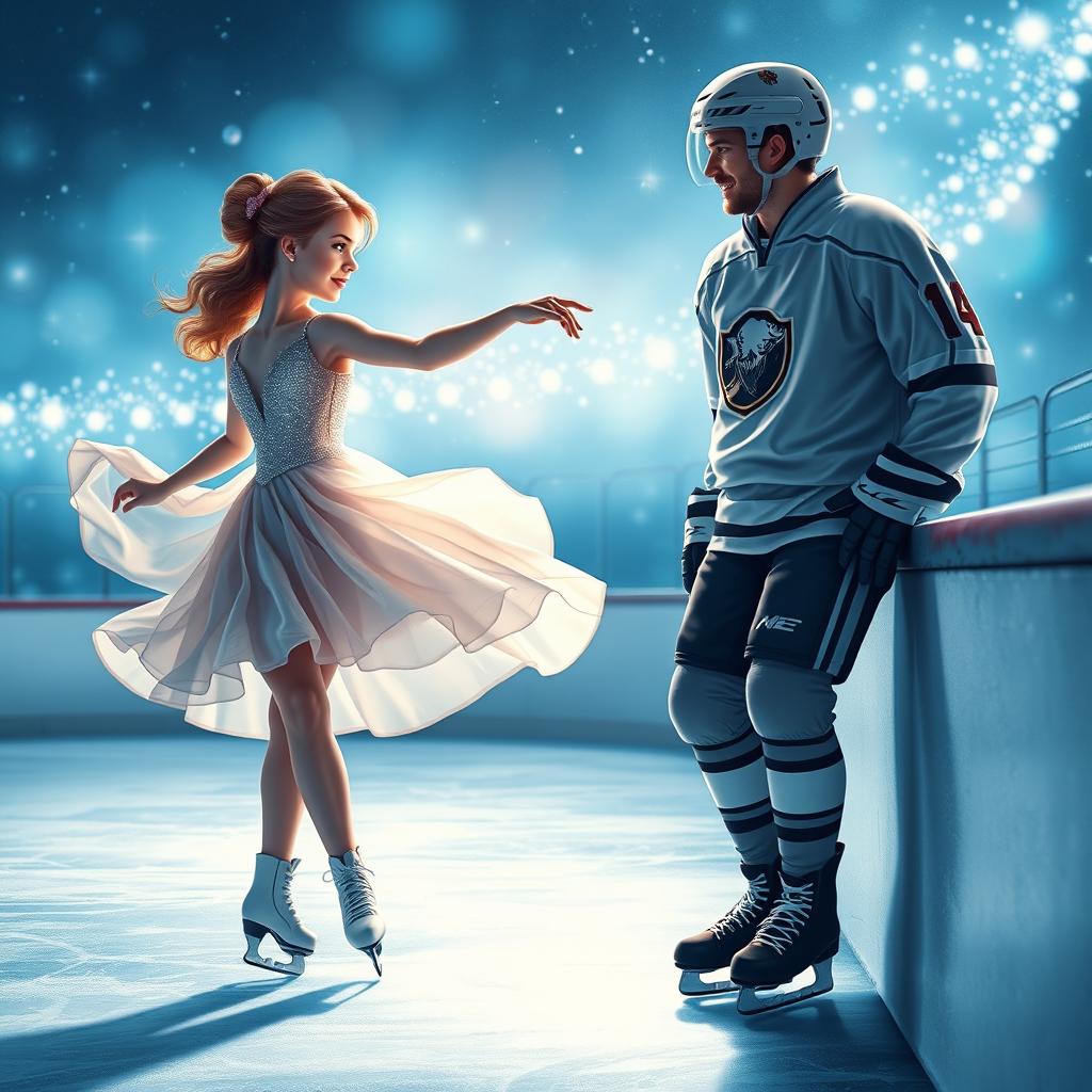 An enchanting book cover showcasing a romantic moment on an ice rink, featuring a female ice skater and a male ice hockey player