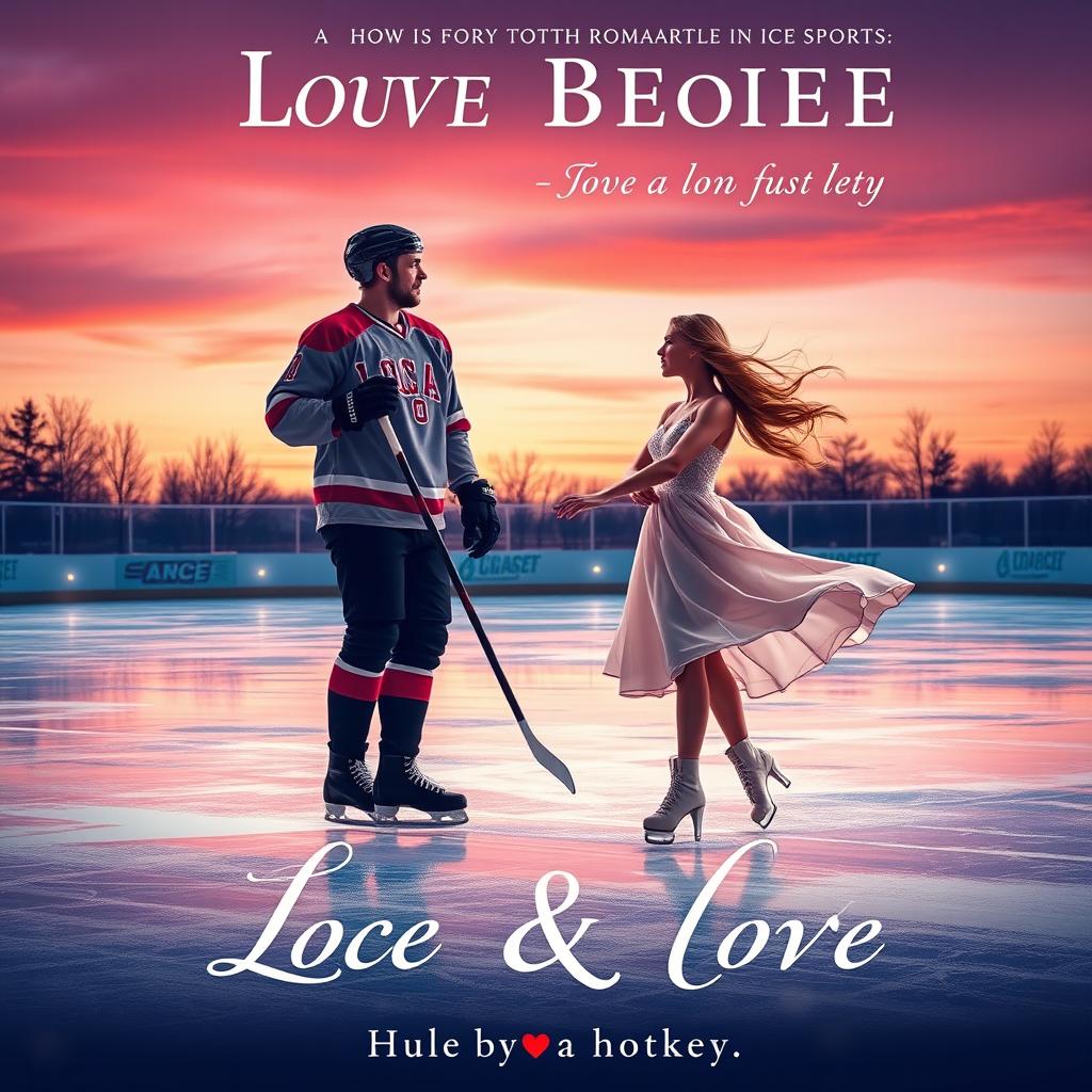 A romantic book cover featuring a beautiful ice skater in a flowing dress, gracefully skating on a glistening ice rink