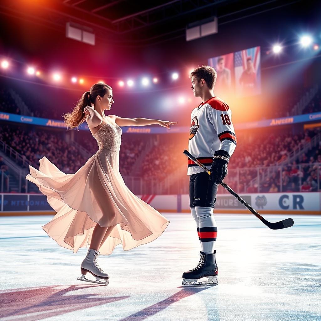 A captivating book cover featuring a stunning ice skater in an elegant dress, performing a beautiful spin on a sparkling ice rink