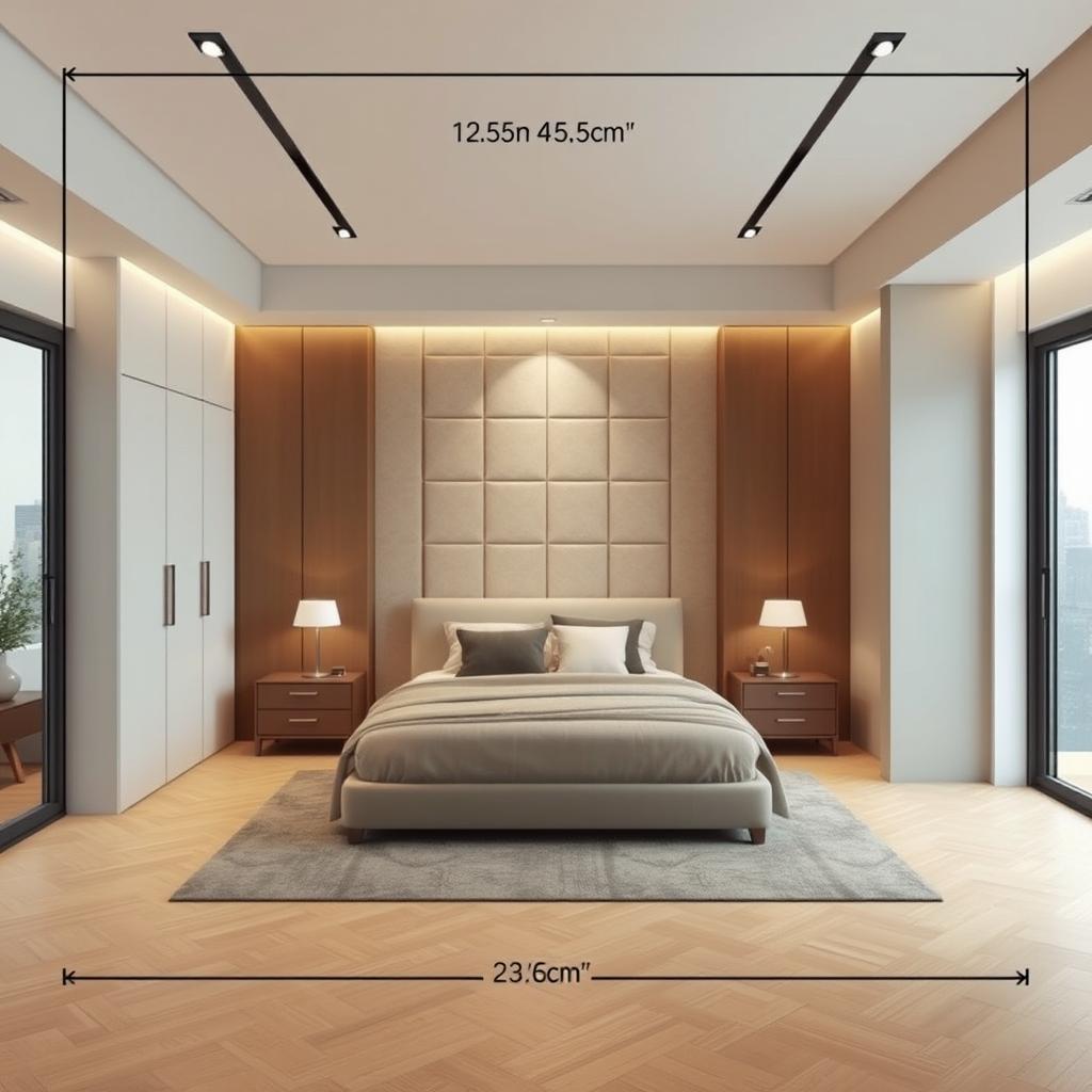 Design a master bedroom layout featuring a ceiling height of 2