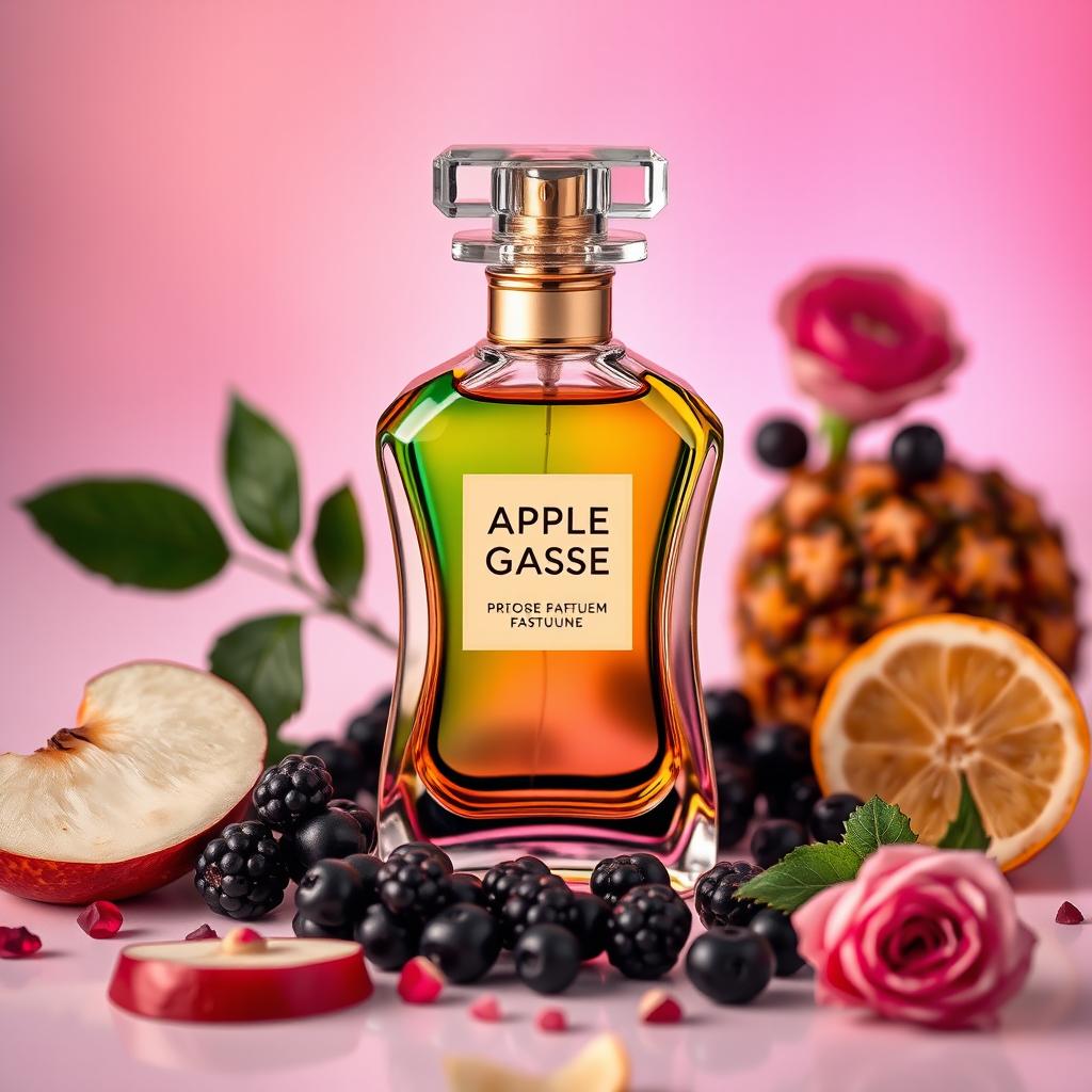 A stylish and professional image of a luxurious perfume bottle, designed to look vibrant and fresh, featuring a fruity essence