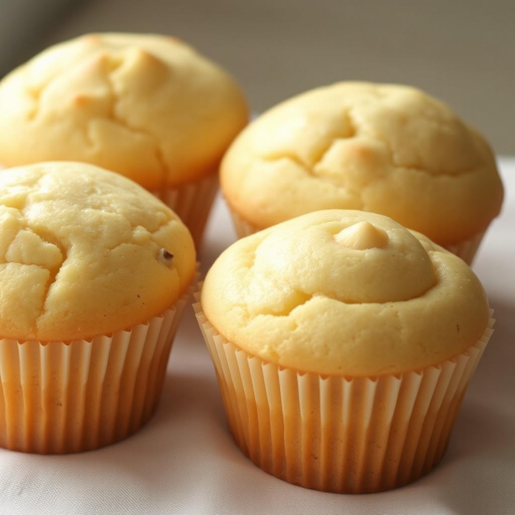 A delightful display of three vanilla muffins, each featuring a light golden-brown color and a perfectly domed top
