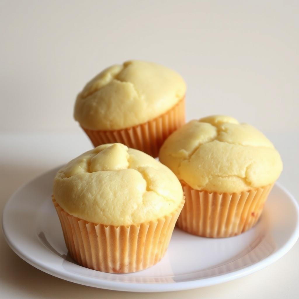 A stunning presentation of three whole vanilla muffins, each perfectly baked to a light golden-brown color with a beautifully domed top