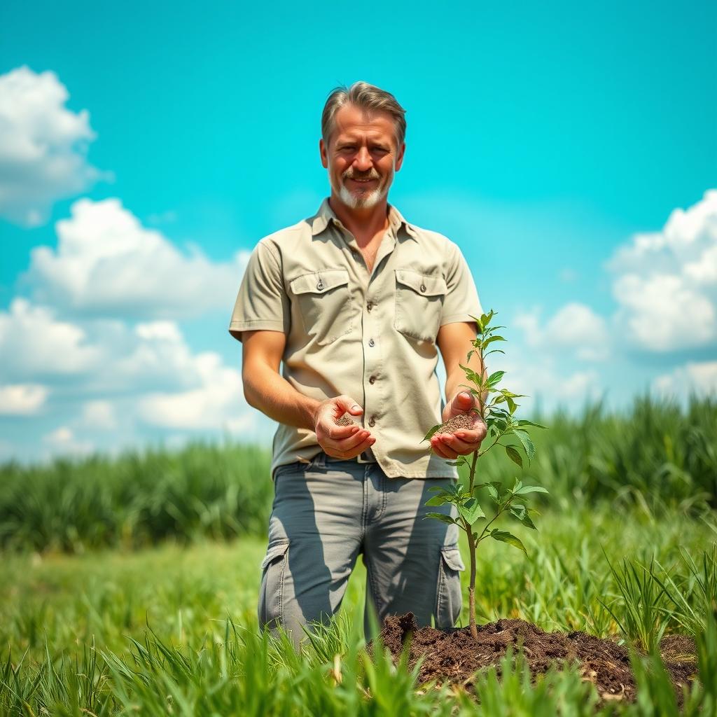 A man standing in a peaceful outdoor setting, holding seeds in his hands with a gentle smile