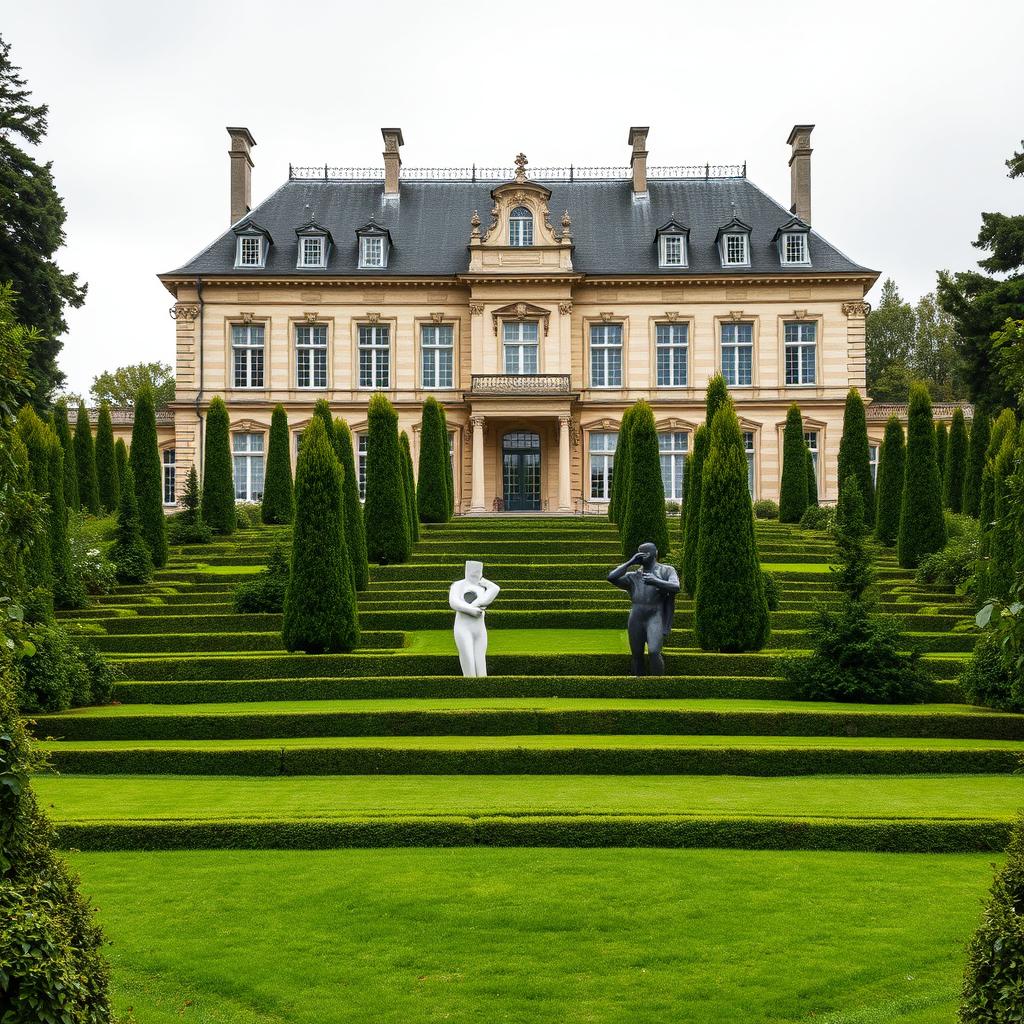 A classic large house in the center of France, showcasing impressive traditional architecture with a grand stone facade, ornate details, and elegant windows that reflect the historical charm of the region