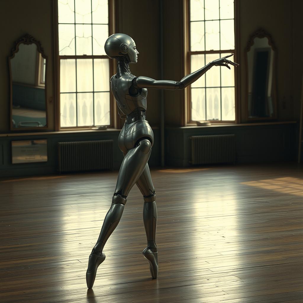 A sleek android ballet dancer performing a graceful dance move on a traditional ballet floor within a vintage, post-apocalyptic science fiction setting