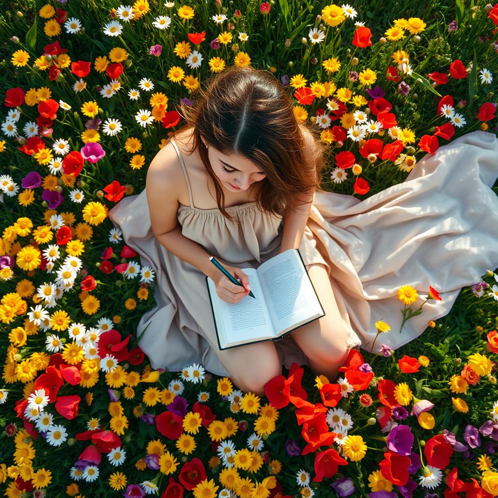 A woman with brown hair writing in her diary, surrounded by a vibrant field of flowers in full bloom
