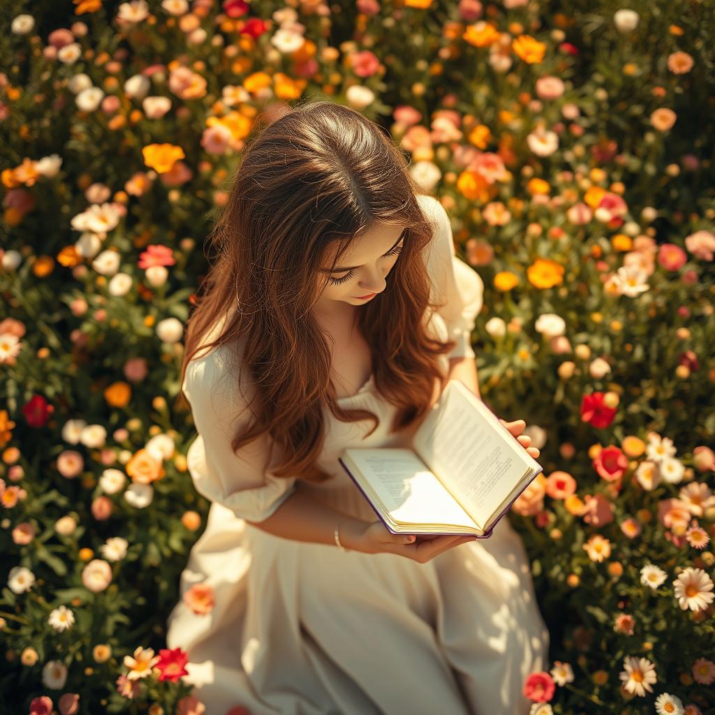 A woman with brown hair writing in her diary in a flower field, depicted from an overhead and diagonal perspective