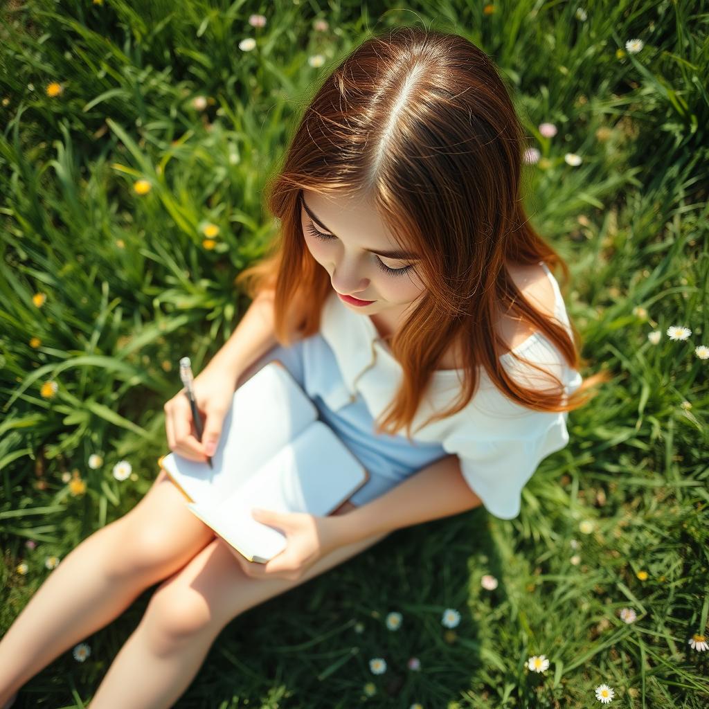 A young woman with brown hair, sitting on the grass in a field, writing in her diary