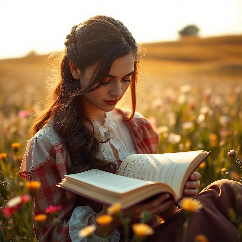 A woman with brown hair writing in her diary in a beautiful field, captured from a diagonal perspective focusing on the diary