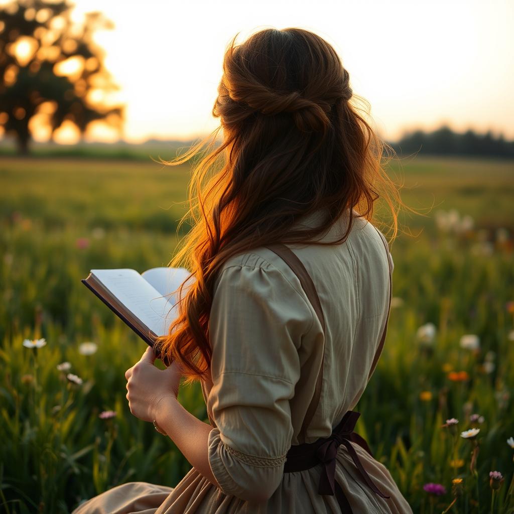 A brown-haired woman writing in her diary in a field, viewed from a diagonal perspective behind her, focusing on the diary
