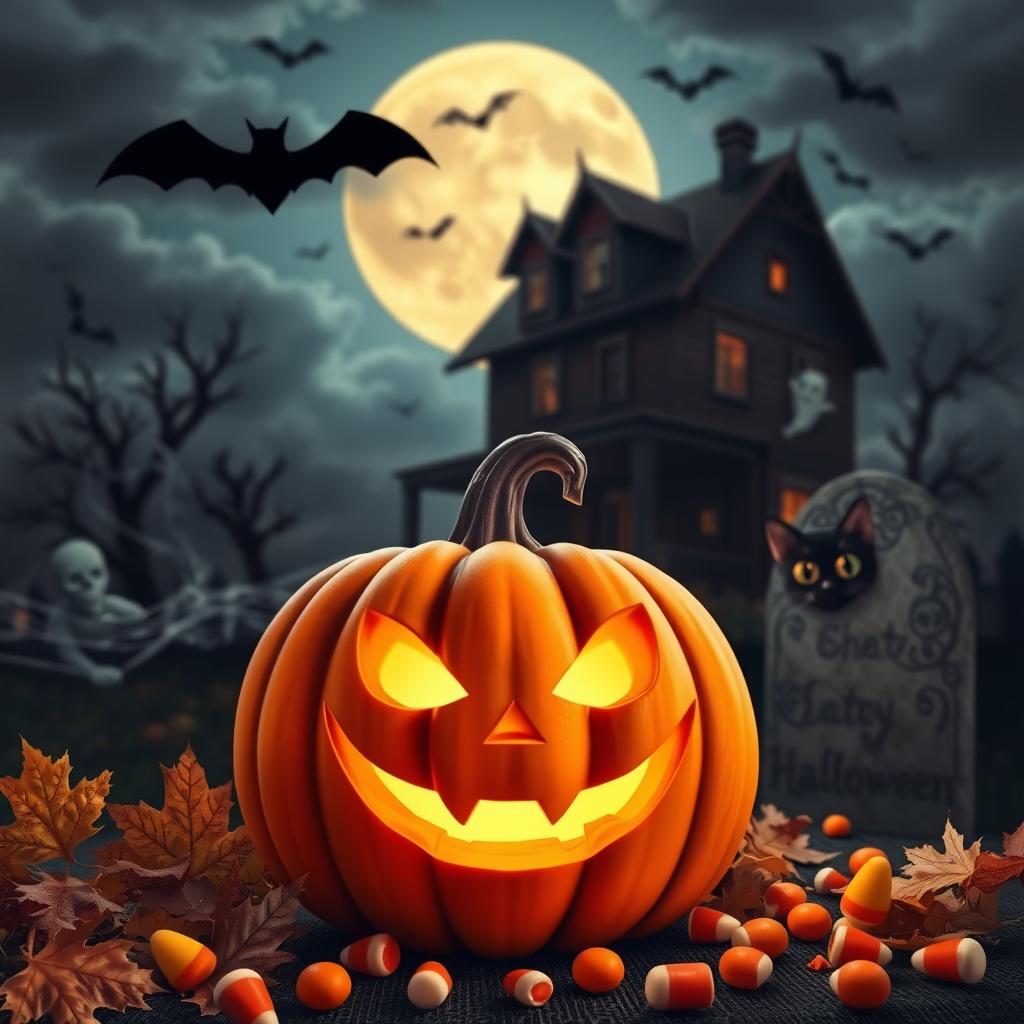 A festive Halloween scene showcasing a spooky, moonlit night