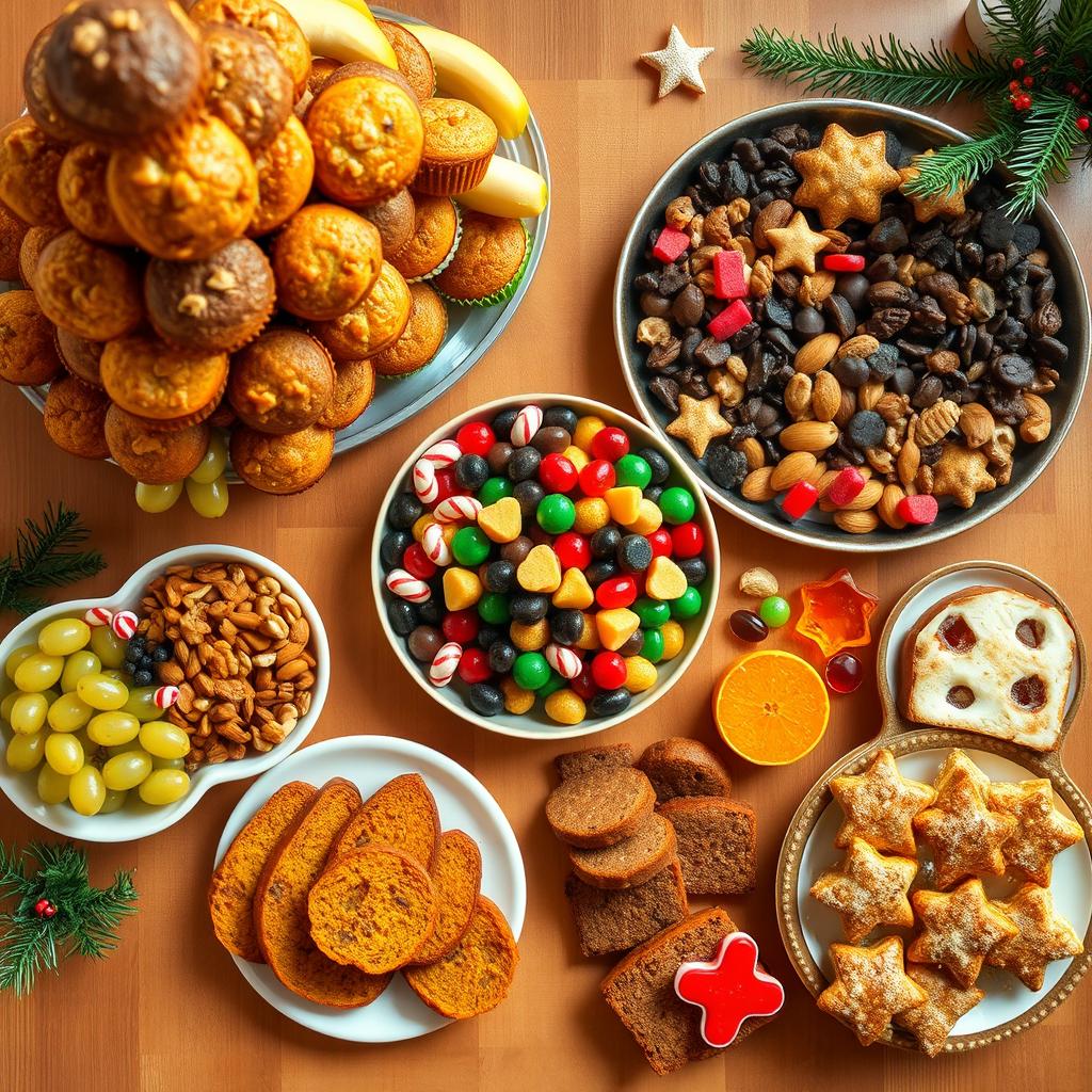 An overhead view of a festive table beautifully decorated for celebration, featuring a towering assortment of muffins including banana, carrot, vanilla, and chocolate varieties, arranged enticingly