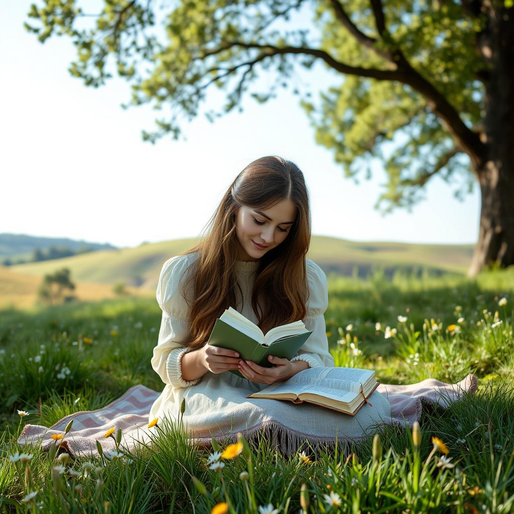 A woman with brown hair writing in her diary in a countryside setting, viewed from an elevated, diagonal, and side perspective