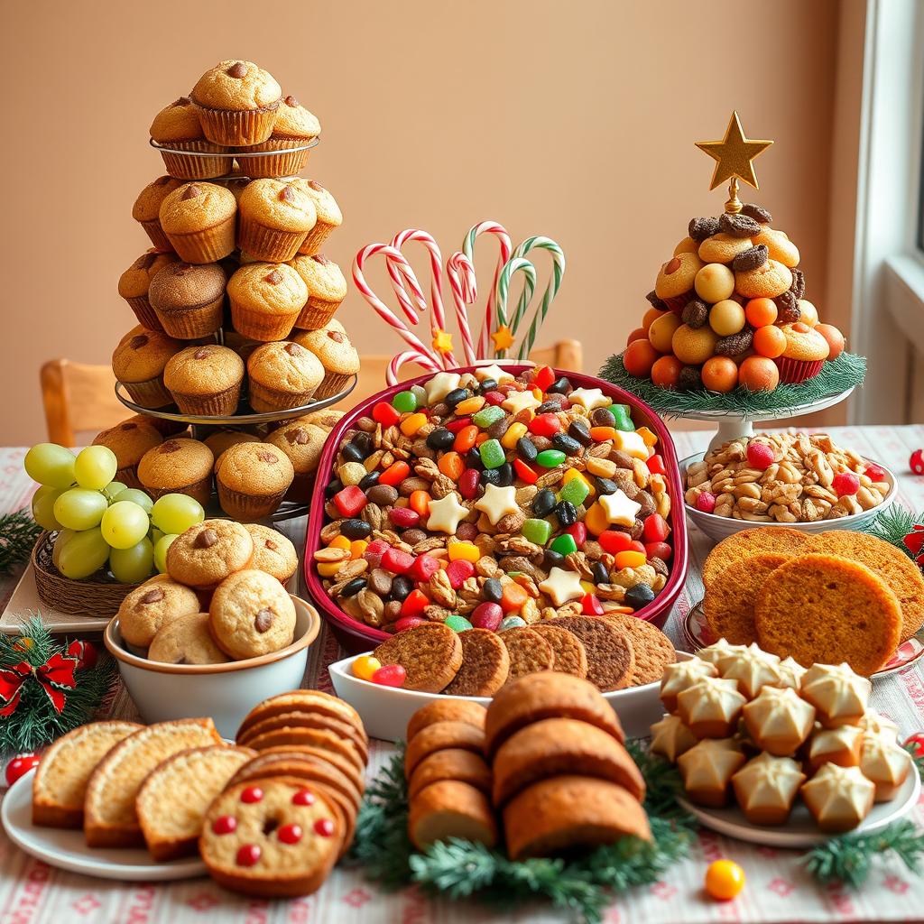 A front view of a beautifully decorated festive table, showcasing a towering assortment of muffins including banana, carrot, vanilla, and chocolate flavors, elegantly displayed
