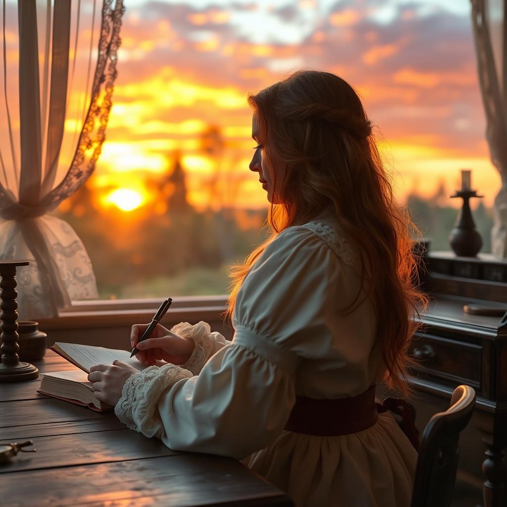 A woman writing in her diary during sunset, captured from a side perspective