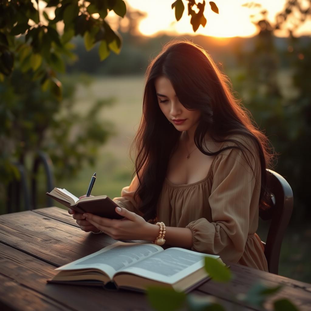 A woman writing in her diary at sunset, captured from a lateral perspective