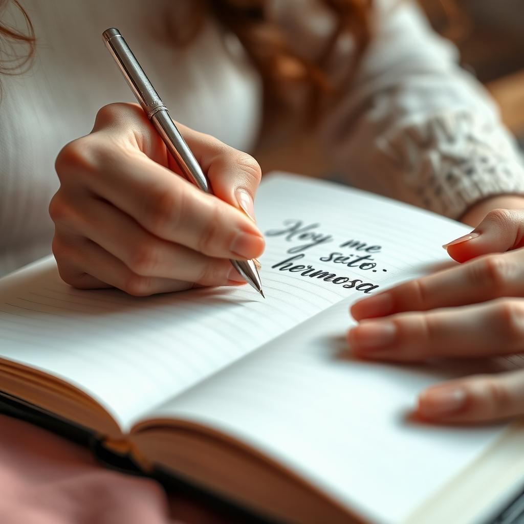 A close-up of a woman's hands elegantly writing in a diary with a beautiful pen