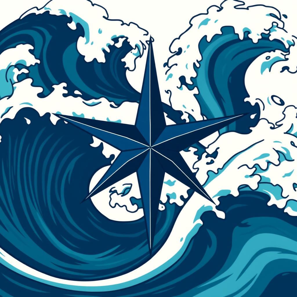 A classic nautical star, featuring pointed tips and a compass-style design, prominently positioned over a backdrop of swirling ocean waves