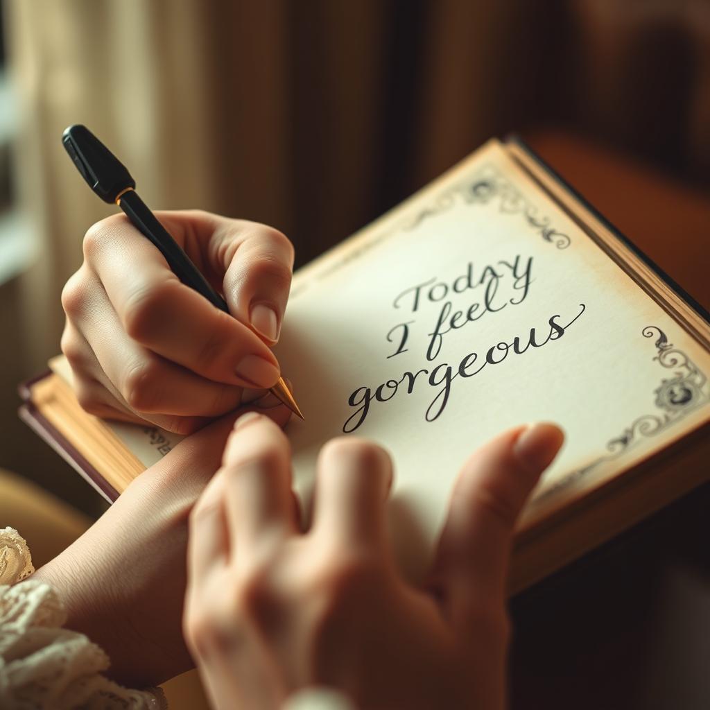 A close-up of a woman's hands delicately writing in a diary, with beautiful cursive script that says 'Today I feel gorgeous'