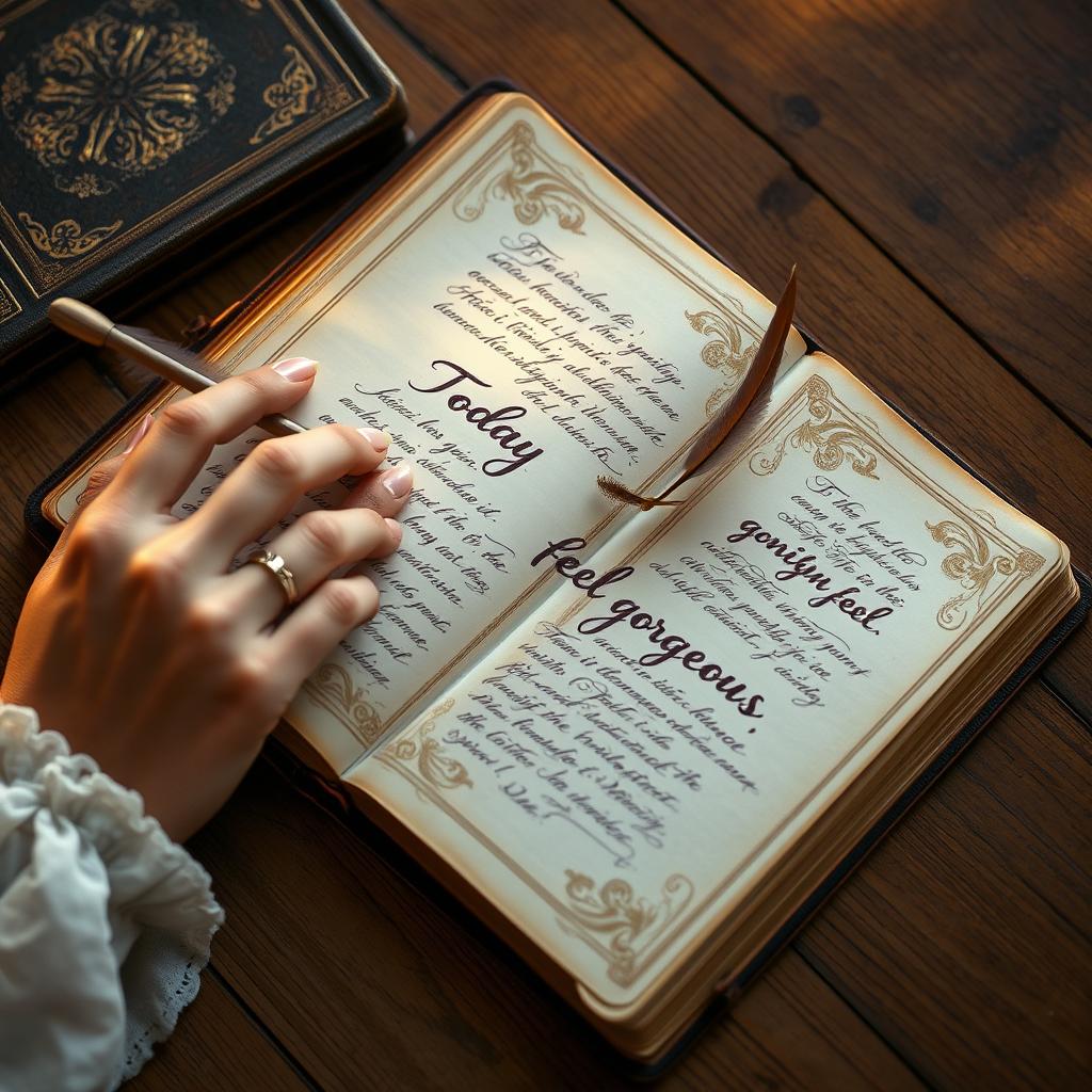 A beautifully aged diary lying open on a wooden table, with delicate, ornate pages filled with elegant handwriting
