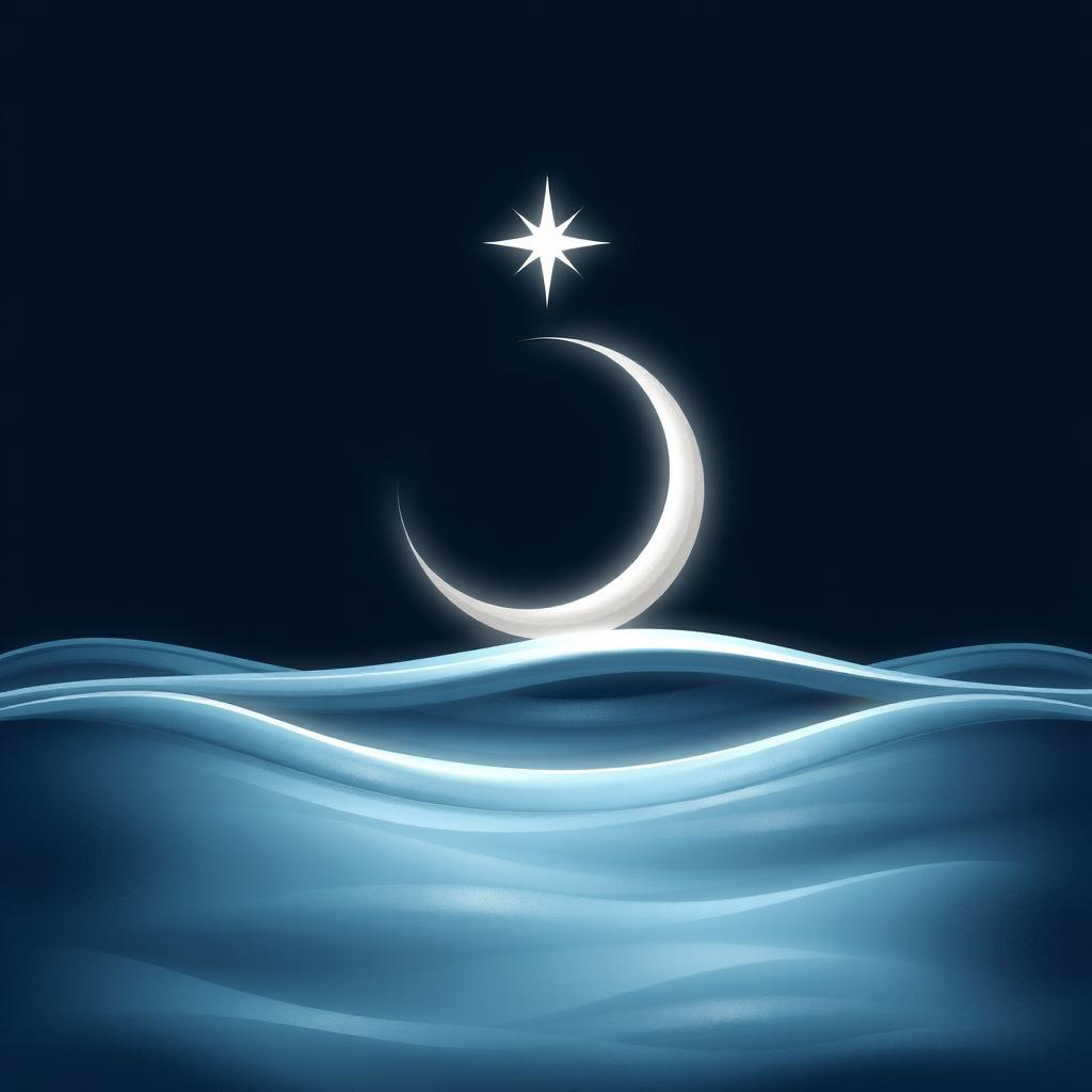 A beautifully serene scene featuring a crescent moon gently arched above calm waves