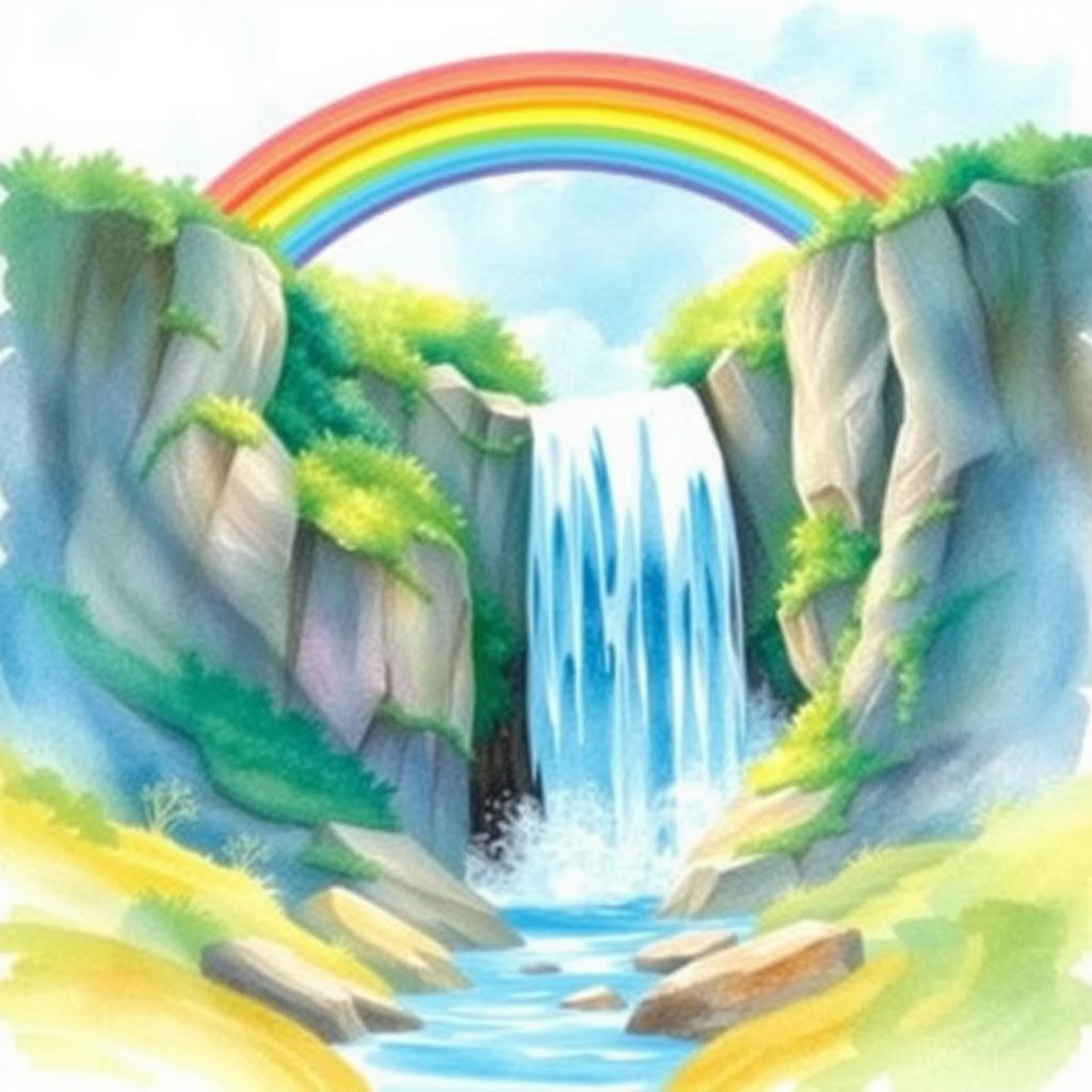 A vibrant, enchanting scene featuring a majestic waterfall cascading down a rocky cliff, surrounded by lush greenery