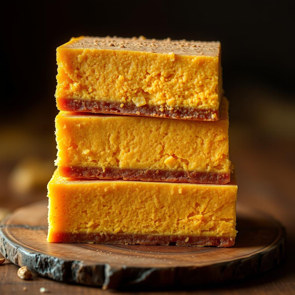 Three delightful slices of pumpkin pudding (pudín de auyama) stacked in a visually appealing tower, showcasing their rich, golden color and velvety texture