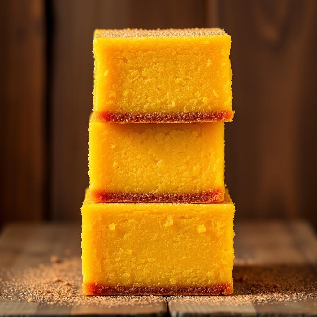 Three neatly cut square slices of pumpkin pudding (pudín de auyama) arranged in a visually striking tower, showcasing their rich golden hue and velvety texture