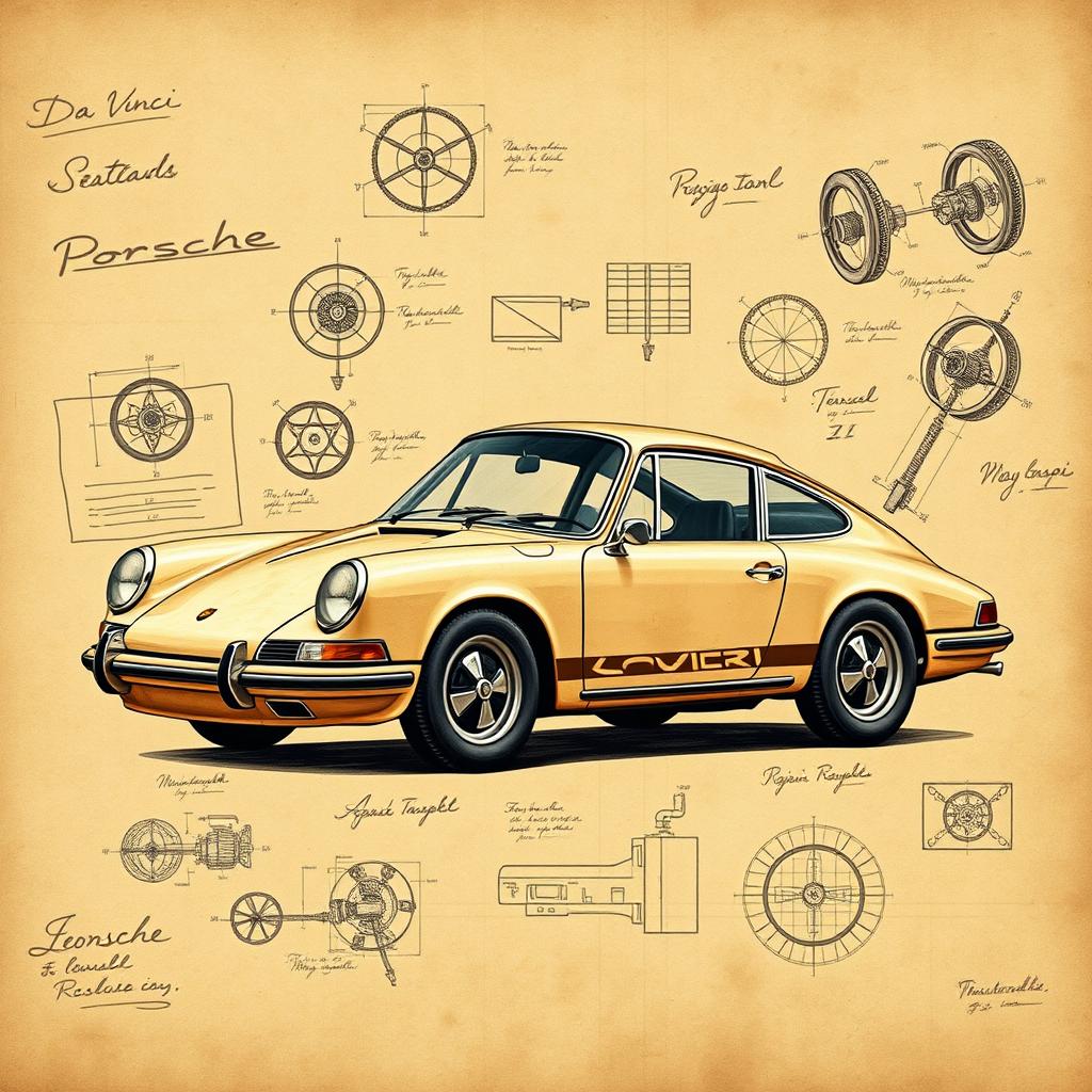 A vintage Porsche 911 in a classical Da Vinci style artwork, featuring intricate details and sketches reminiscent of Leonardo da Vinci's drawings