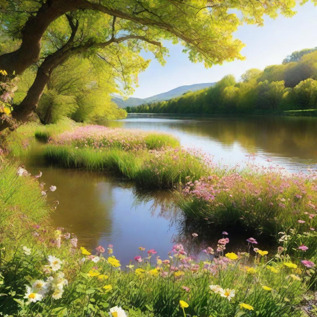 A picture of a sunny day in nature with lots of flowers and a calm river flowing.