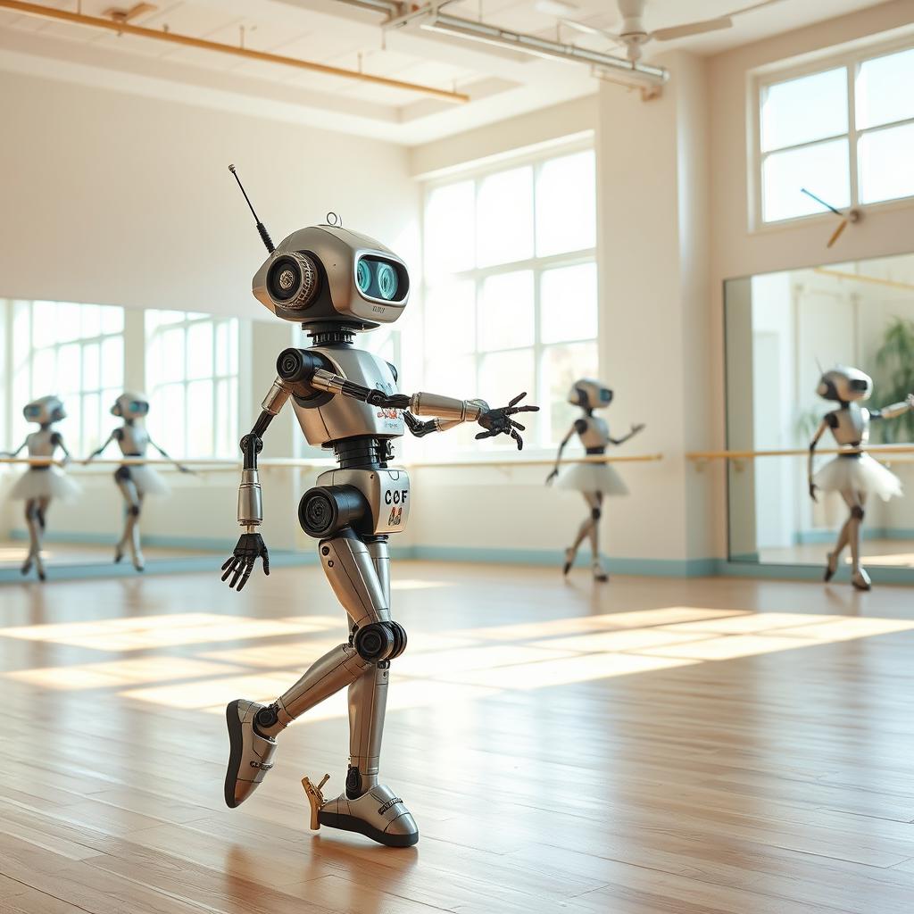 A vintage sci-fi droid performing an elegant ballet dance in a bright and cheerful ballet classroom