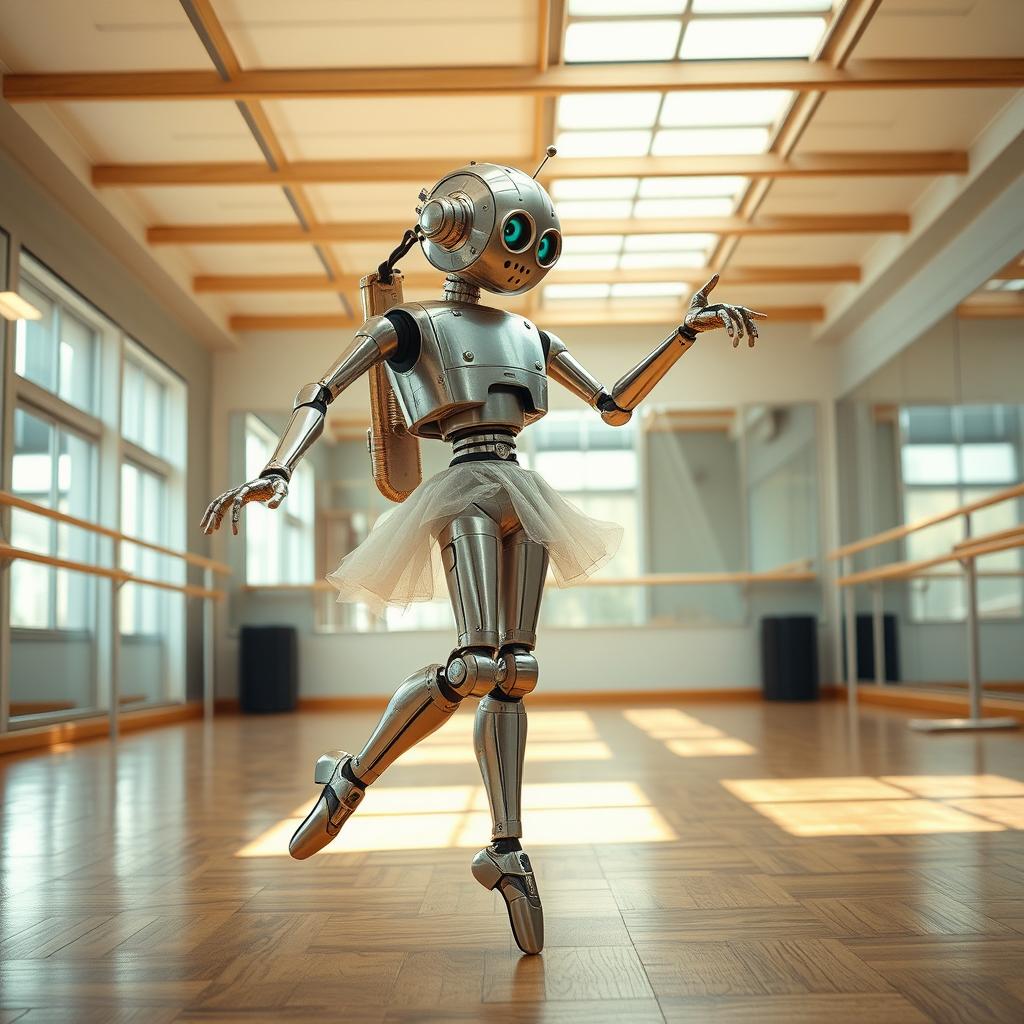 A vintage sci-fi droid elegantly dancing in a ballet classroom