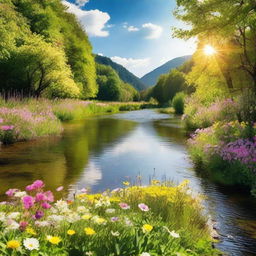 A picture of a sunny day in nature with lots of flowers and a calm river flowing.