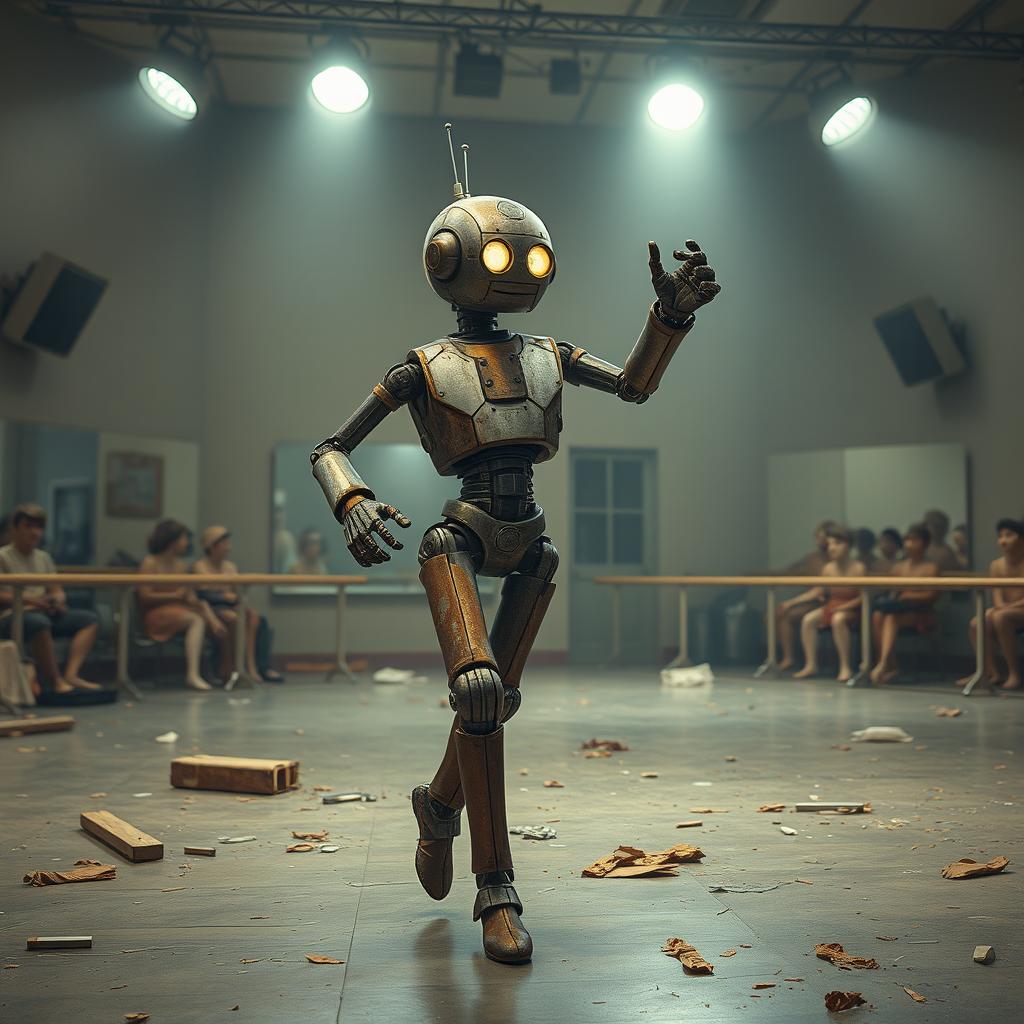 A vintage sci-fi droid elegantly dancing in a ballet classroom, set within the context of a post-apocalyptic game show