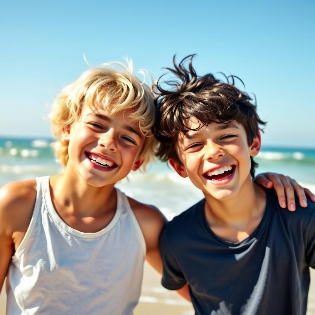 A vibrant, joyful scene featuring two boys: one with dark hair and the other with blonde hair