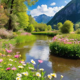 A picture of a sunny day in nature with lots of flowers and a calm river flowing.