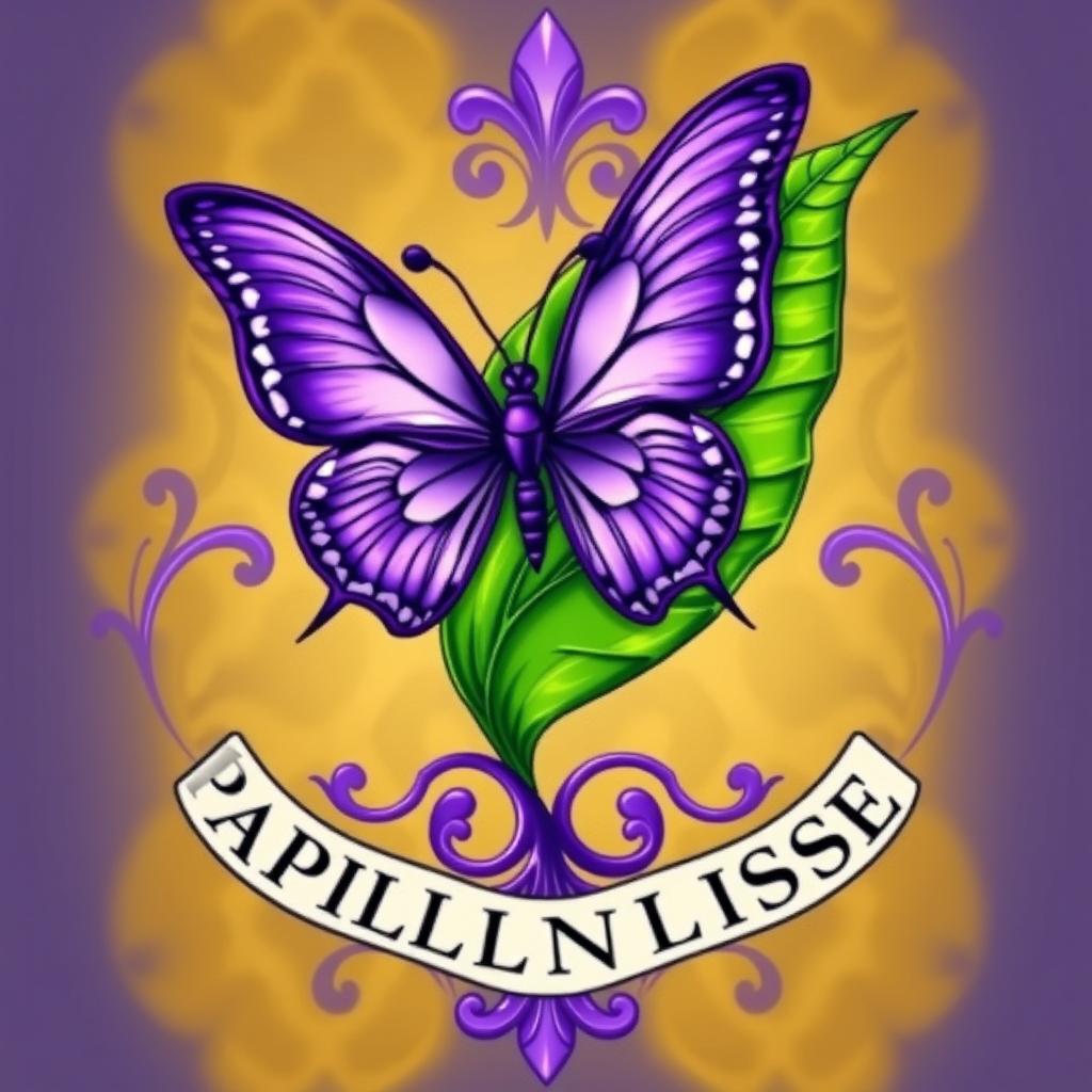 A coat of arms for the fictional house Papillonlisse, featuring a prominent purple butterfly elegantly wrapped in a vibrant green leaf