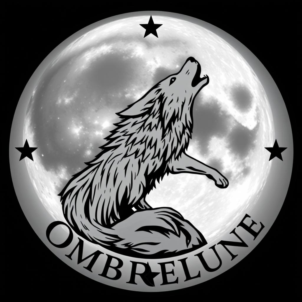 A coat of arms for the fictional house Ombrelune, featuring a full gray moon at the center with a majestic wolf howling prominently on its surface