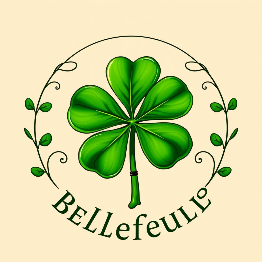 A coat of arms for the fictional house Bellefeuille, prominently featuring a lush green clover leaf as the central emblem