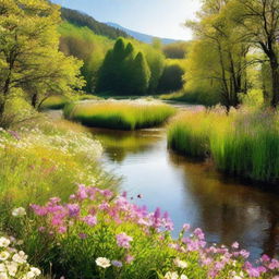 A picture of a sunny day in nature with lots of flowers and a calm river flowing.