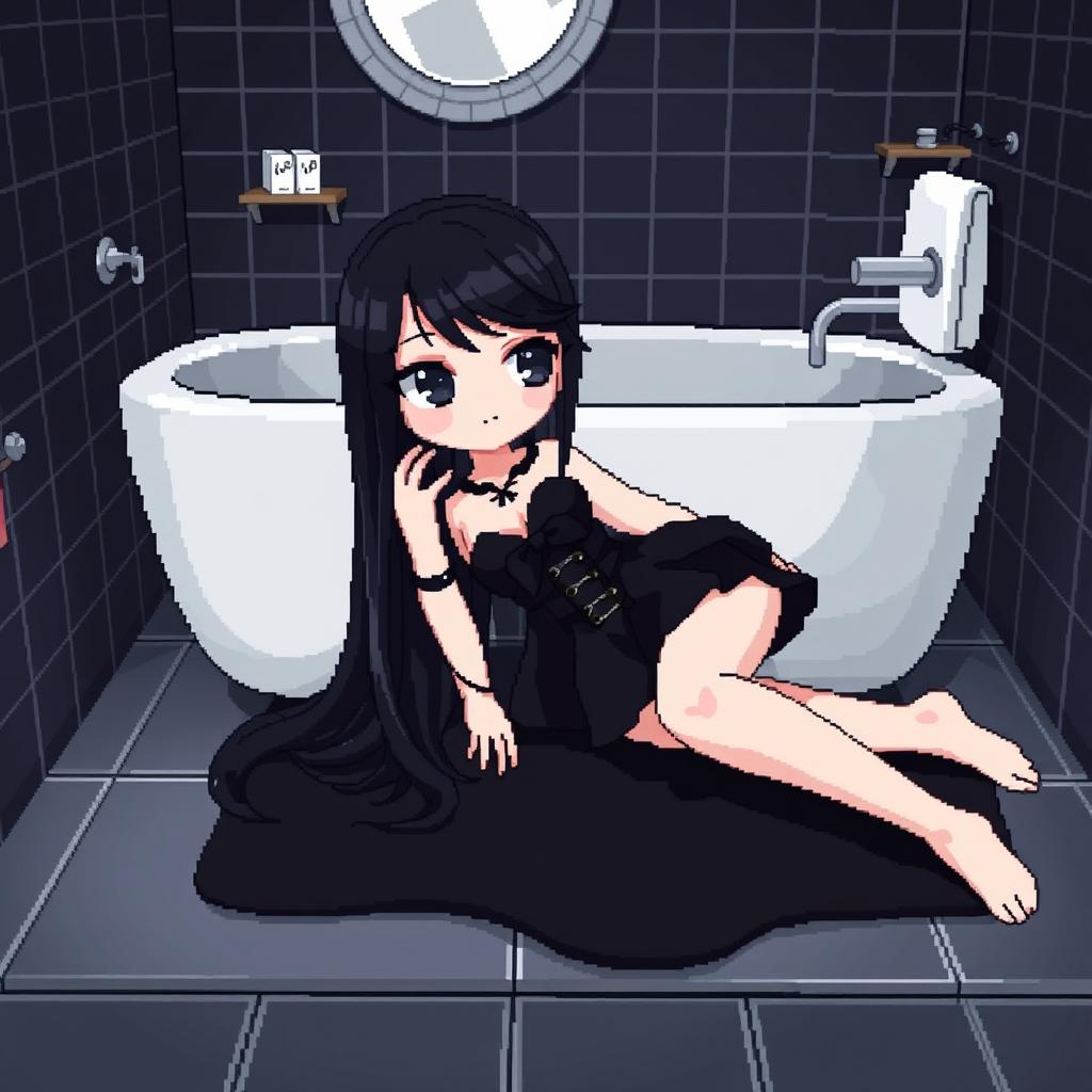An adult goth girl with long black hair and striking gray eyes, lying on a stylish black bathmat in a bathroom
