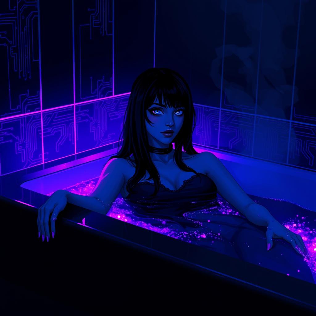 In a 64x64 pixel art style, featuring a dark cyber-goth aesthetic, an adult goth girl with long black hair and glowing gray eyes lies relaxed in a futuristic bathroom