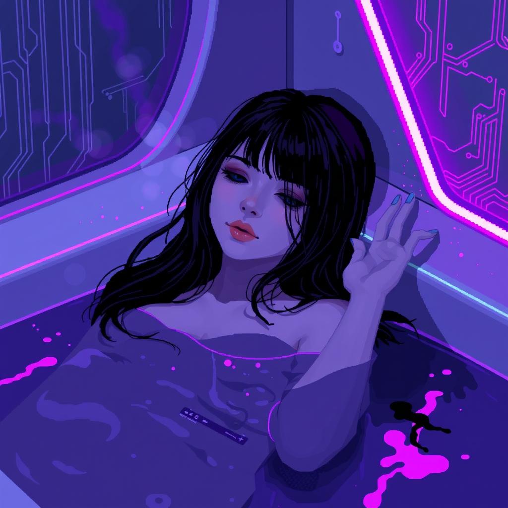 In a 64x64 pixel art style, showcasing a cyber-goth aesthetic, a pale adult goth girl with long black hair and soft natural gray eyes lies peacefully in a futuristic bathroom