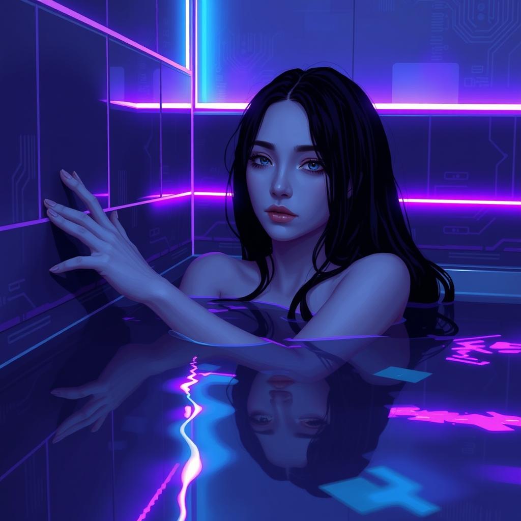 In a 64x64 pixel art style, showcasing a cyber-goth aesthetic, a pale adult goth girl with long black hair and soft natural gray eyes lies in a futuristic bathroom