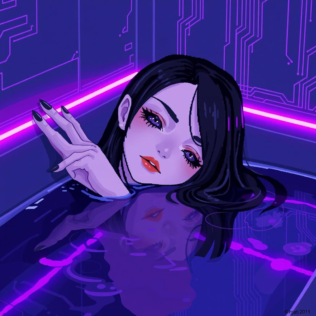 In a 64x64 pixel art style, featuring a cyber-goth aesthetic, a pale adult goth girl with long black hair and soft natural gray eyes lies peacefully in a futuristic bathroom
