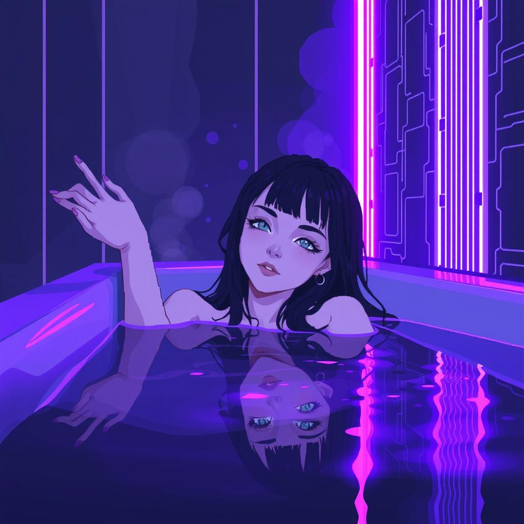 In a 64x64 pixel art style with a cyber-goth aesthetic, a pale adult goth girl with long black hair and soft gray eyes lies in a futuristic bathroom