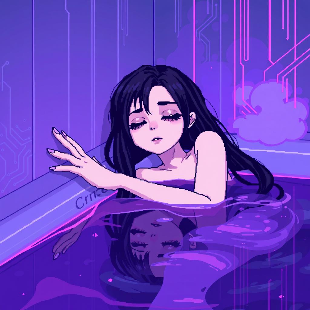 In a 64x64 pixel art style, featuring a cyber-goth aesthetic, a pale adult goth girl with long black hair and soft gray eyes lies peacefully in a futuristic bathroom