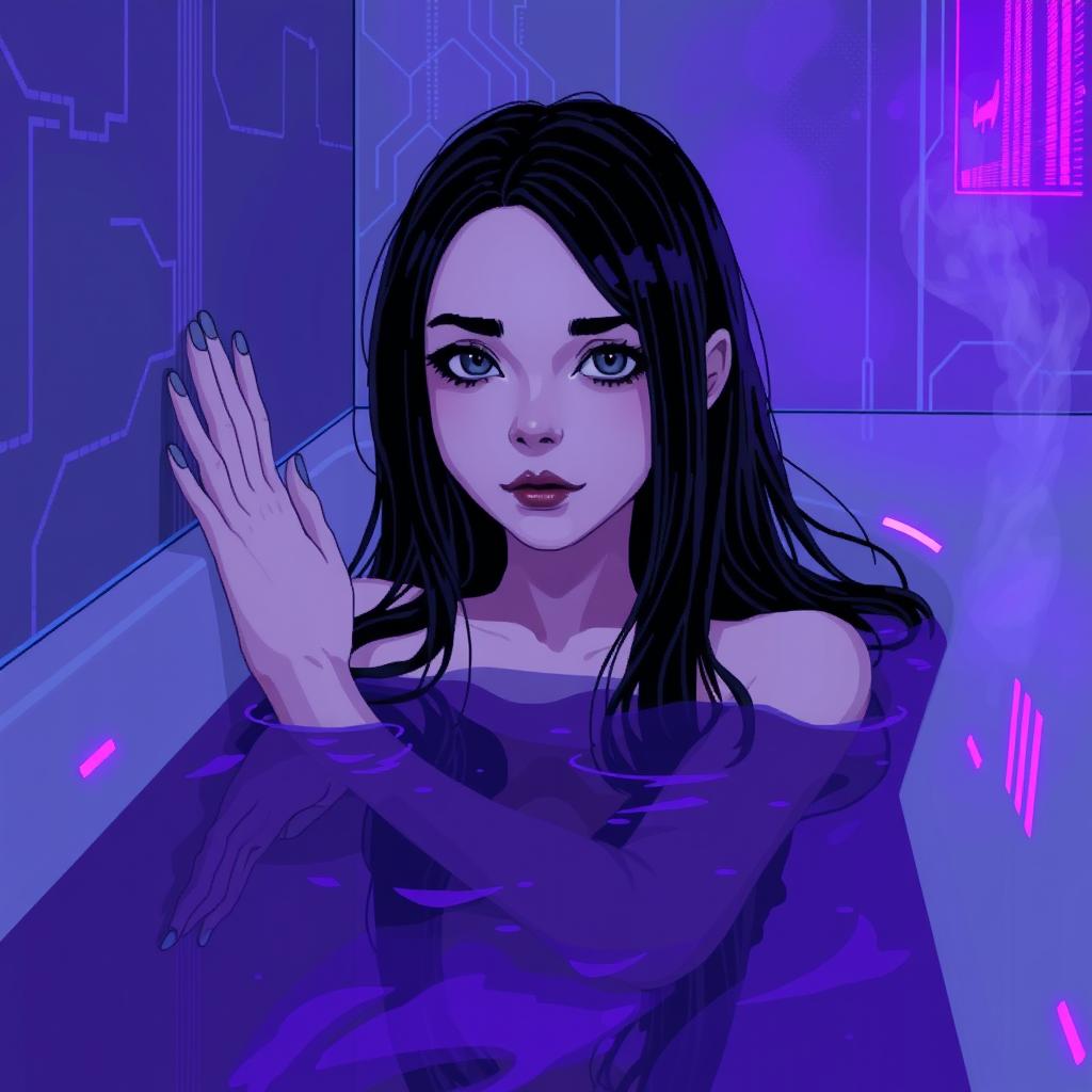 In a 64x64 pixel art style featuring a cyber-goth aesthetic, a pale adult goth girl with long black hair and soft gray eyes lies serenely in a futuristic bathroom