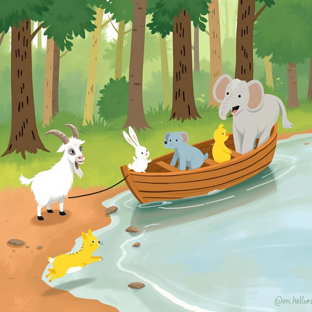 In a vibrant forest scene, an elderly white goat with a wise expression is docked in a small wooden boat at the riverbank